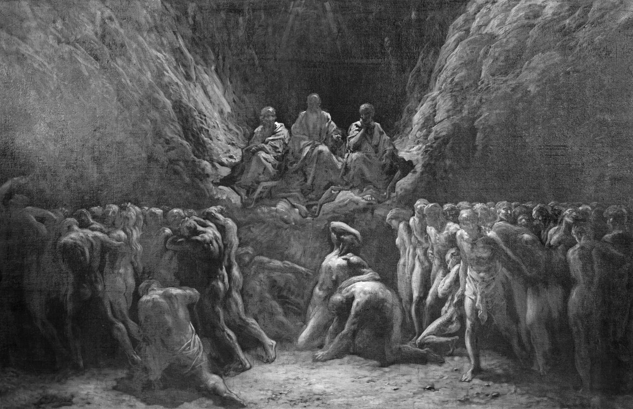 Sąd Ostateczny, znany również jako Trzej Sędziowie Piekieł, Minos, Hades i Radamantus autorstwa Gustave Dore