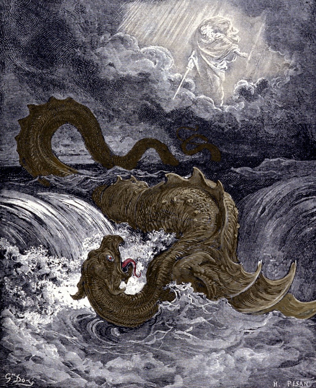 Lewiatan, potwór morski przypominający węża morskiego, o którym mowa w Biblii. Ilustracje do Biblii Gustave Dore. Rycina XIX wieku. autorstwa Gustave Dore