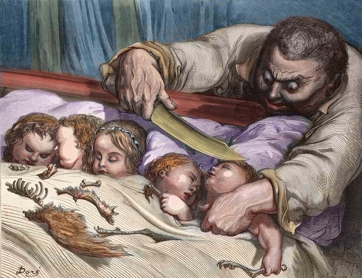 The Little Thumb, Charles Perrault (francuski pisarz) Olbrzym bez wahania podciął gardła swoim córkom (rycina) autorstwa Gustave Dore