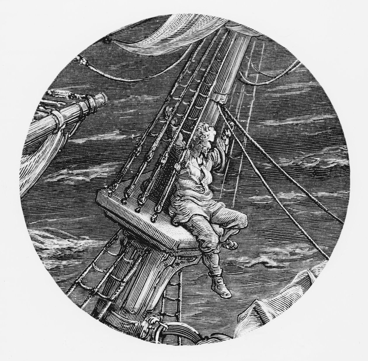 Marynarz w rufie statku, scena z „Szronu starożytnego marynarza” S.T. Coleridge, wyd. Harper und Brothers, Nowy Jork, 1876 (drewno) autorstwa Gustave Dore