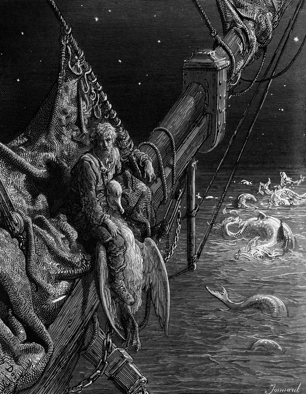 Marynarz patrzy na węże w oceanie, scena z „Szronu starożytnego marynarza” S.T. Coleridge, wyd. Harper und Brothers, Nowy Jork, 1876 (drewno) autorstwa Gustave Dore