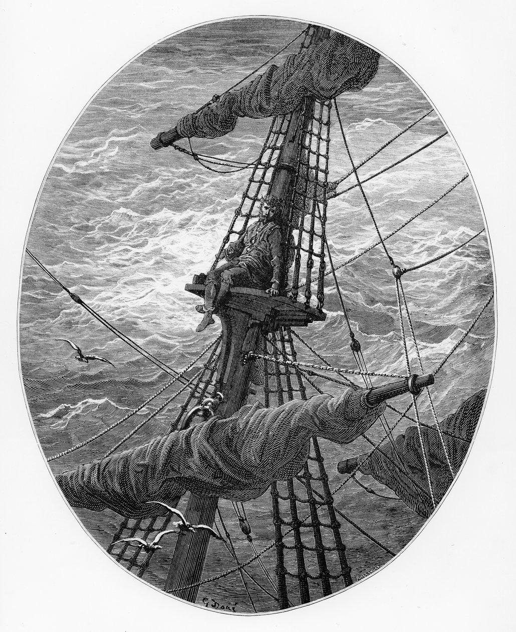 Marynarz wspina się na maszt podczas burzy, scena z „Szronu starożytnego marynarza” S.T. Coleridge, wyd. Harper und Brothers, Nowy Jork, 1876 (drewno) autorstwa Gustave Dore