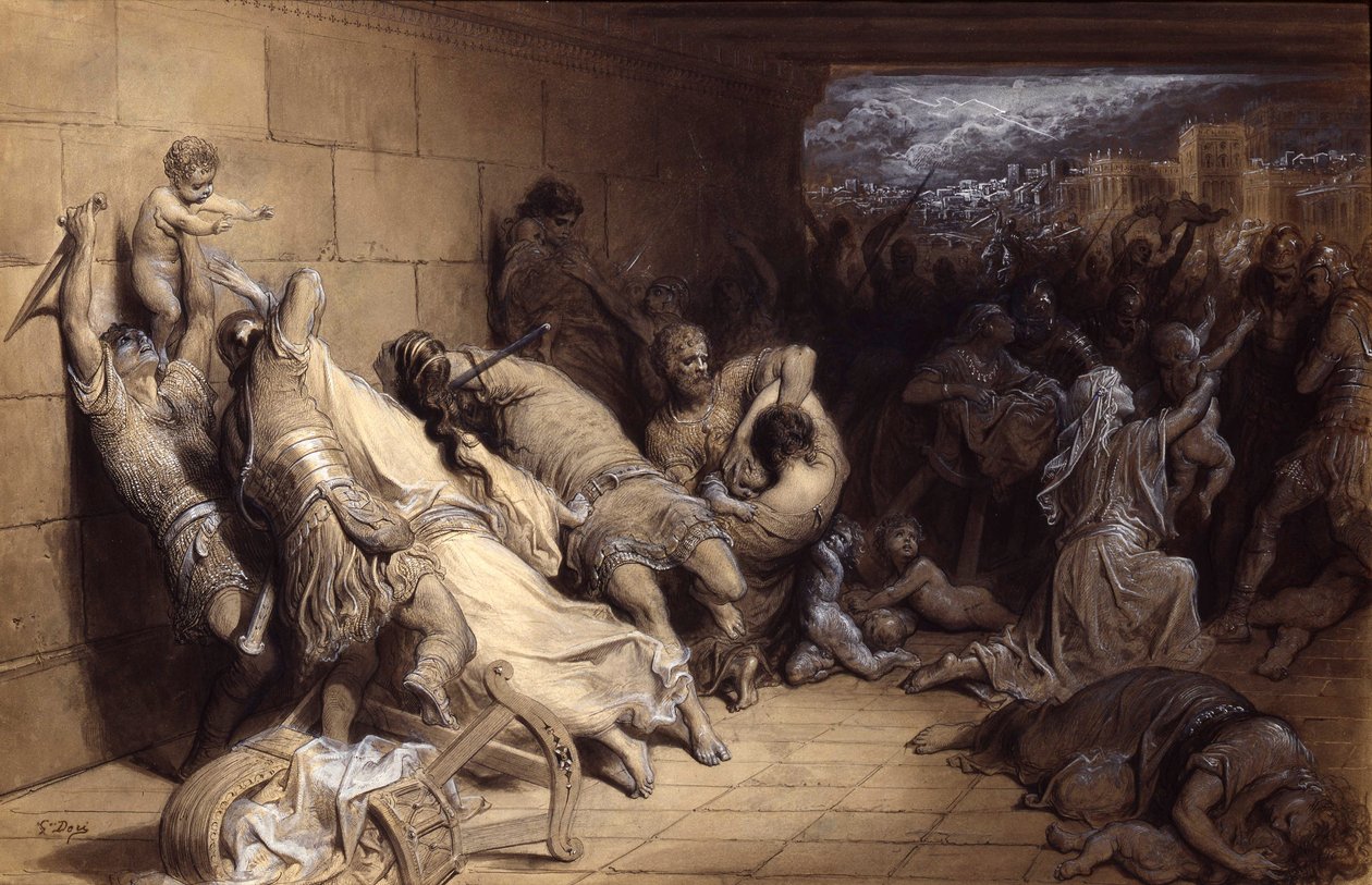 The Massacre of the Innocents, c.1870 (pióro i atrament z plamą wzmocnioną bielą na papierze) autorstwa Gustave Dore