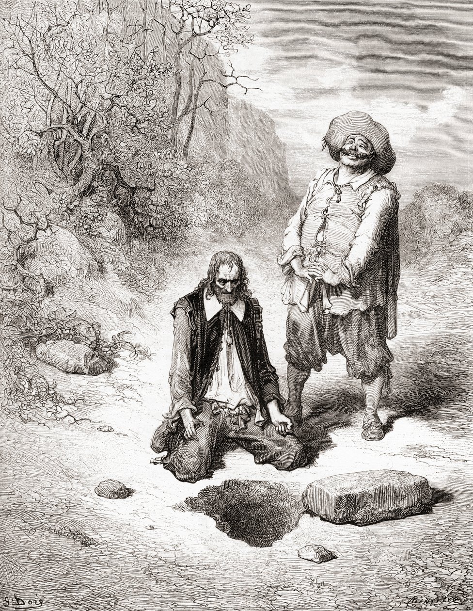 Skąpiec, który stracił swój skarb, z edycji Fables de La Fontaine z końca XIX wieku (drewno) autorstwa Gustave Dore