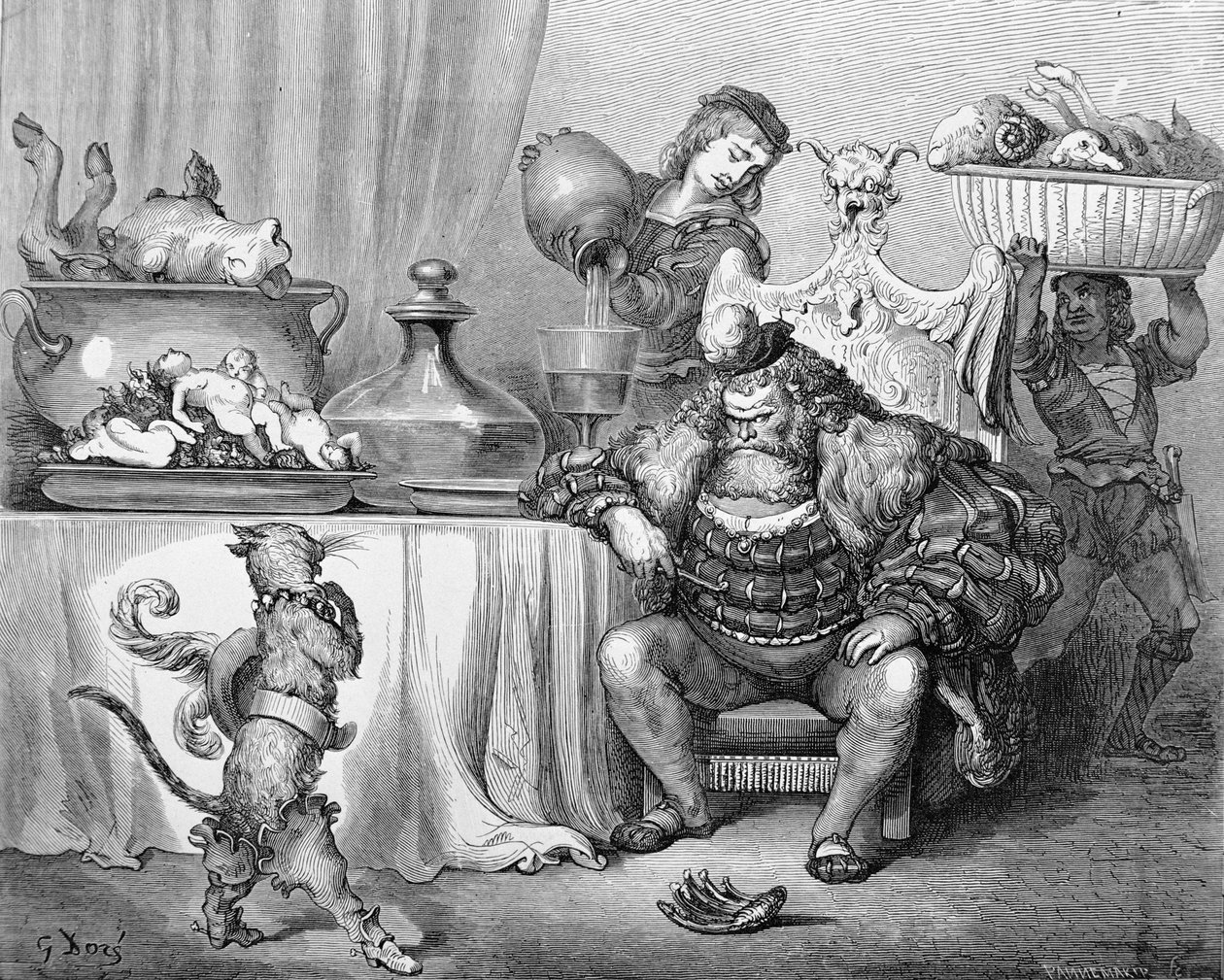 Ogr otrzymuje kota, ilustracja do „Kota w butach” Charlesa Perraulta (1628-1703) 1883 autorstwa Gustave Dore