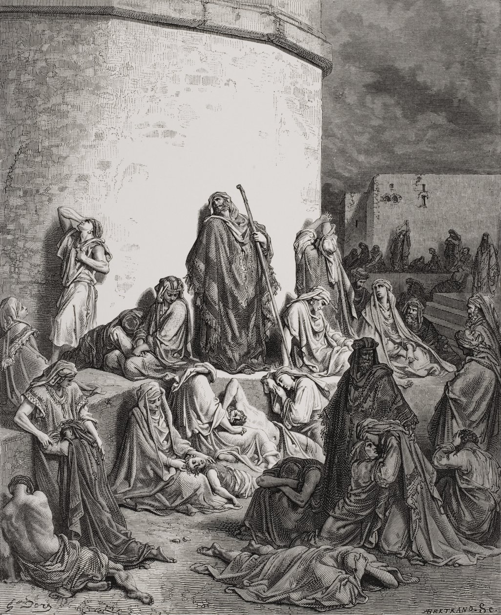 Ludzie opłakujący ruiny Jerozolimy, Lamentacje 1:1-2 ilustracja z „The Holy Bible” Dore