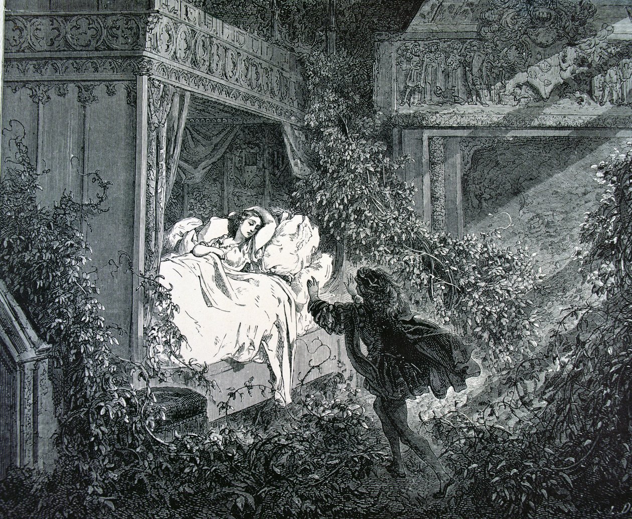 Książę wchodzący do sypialni księżnej w zaczarowanym zamku, ilustracja do „Śpiącej królewny” Charlesa Perraulta (1628-1703) autorstwa Gustave Dore