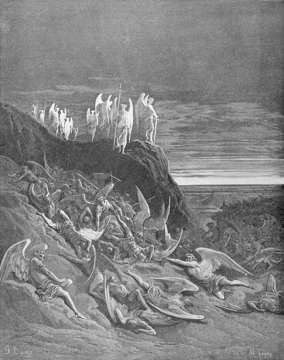 Wojna w niebie, z księgi VI „Raj utracony” Johna Miltona (1608-74) rycina A. Ligny, c.1868 autorstwa Gustave Dore