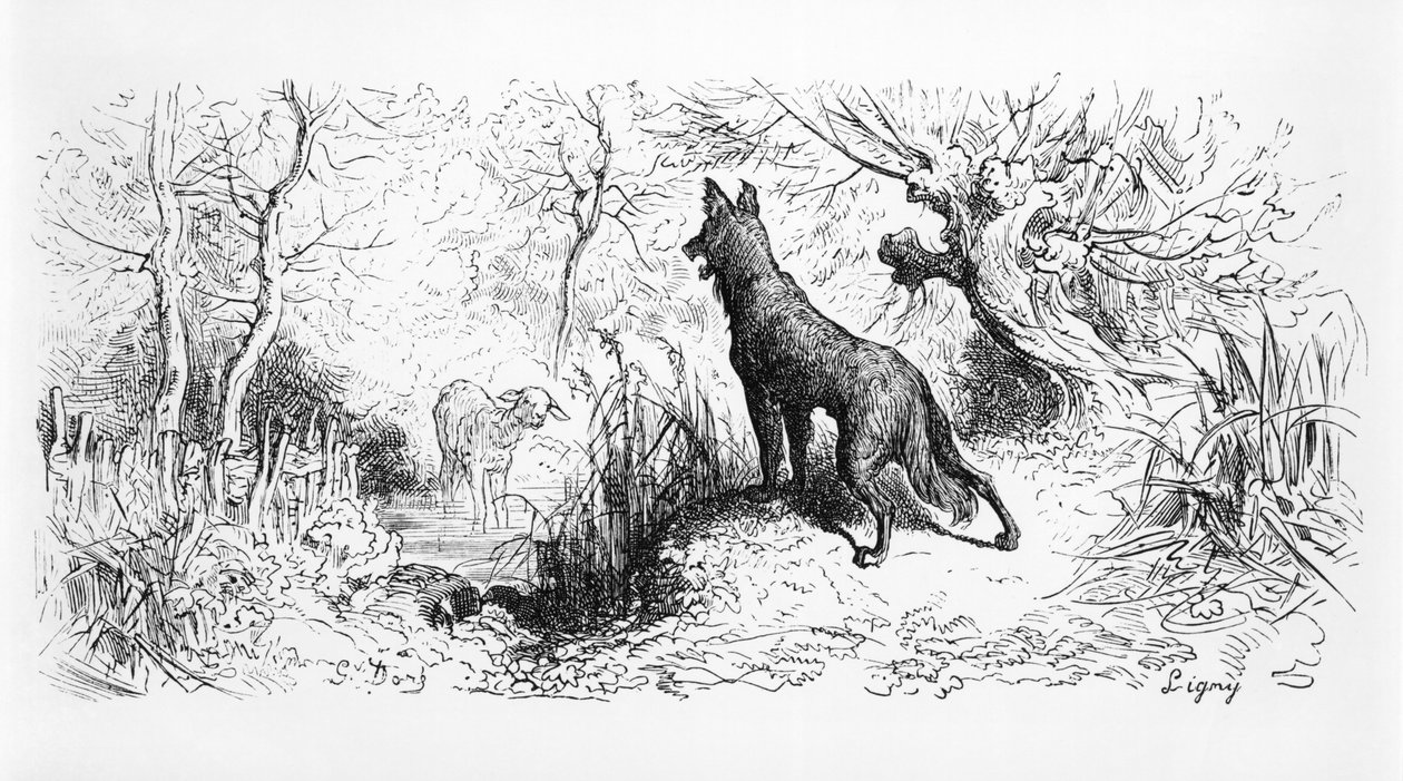 Wilk i jagnię, ilustracja z "Baśni" Jeana de La Fontaine