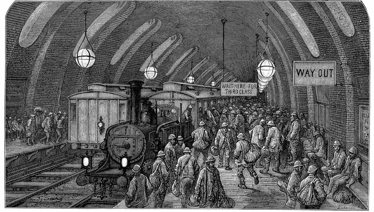 "Pociąg robotników". Z Gustave Dore i Blanchard Jerrold London: A Pilgrimage London 1872. Zdjęcie przedstawia pociągi parowe na stacji Gower Street na linii Metropolitan (metra), która została otwarta w 1863 roku. Pracownicy spieszą się, aby złapać poranny autorstwa Gustave Dore