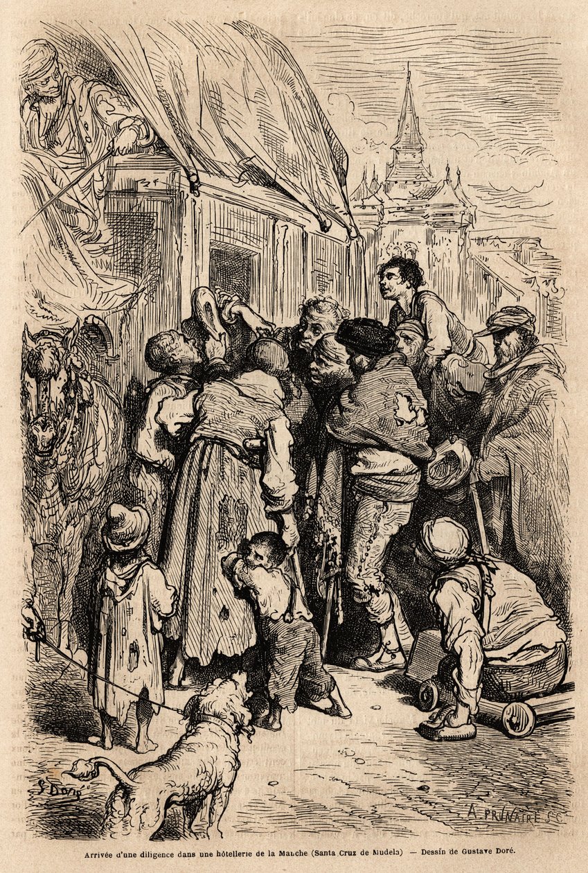 Przybycie pracowitości do hotelu w Santa Cruz de modela (prowincja Mancha), zaatakowanego przez żebraków wołających o jałmużnę. Rysunek Gustave Dore (1832-1883). Grawerowanie ilustrujące podróż w Hiszpanii, w 1862 r. autorstwa Charlesa Davilliera i Gustave autorstwa Gustave Dore