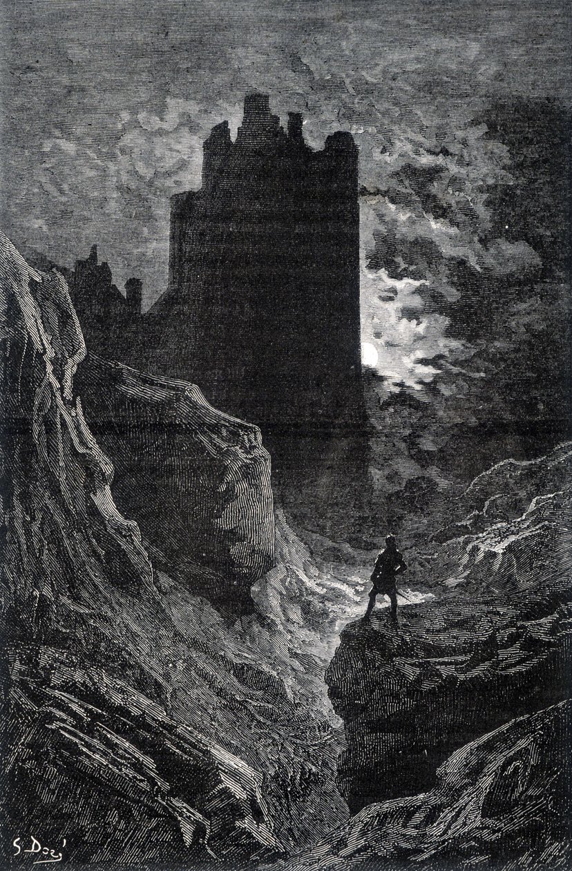 Zamek strachu - ilustracja strachu, Gustave Doré, rycina autorstwa Gustave Dore