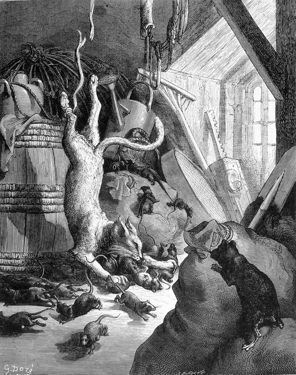 Kot i stary szczur - w „Bajkach” La Fontaine, il. Gustave Doré autorstwa Gustave Dore