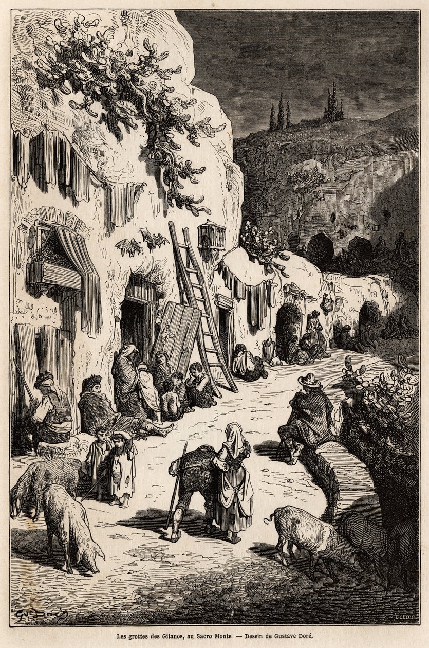 Jaskinie (podziemne domy) Cyganów w Sacro Monte w Granadzie. Rysunek Gustave
