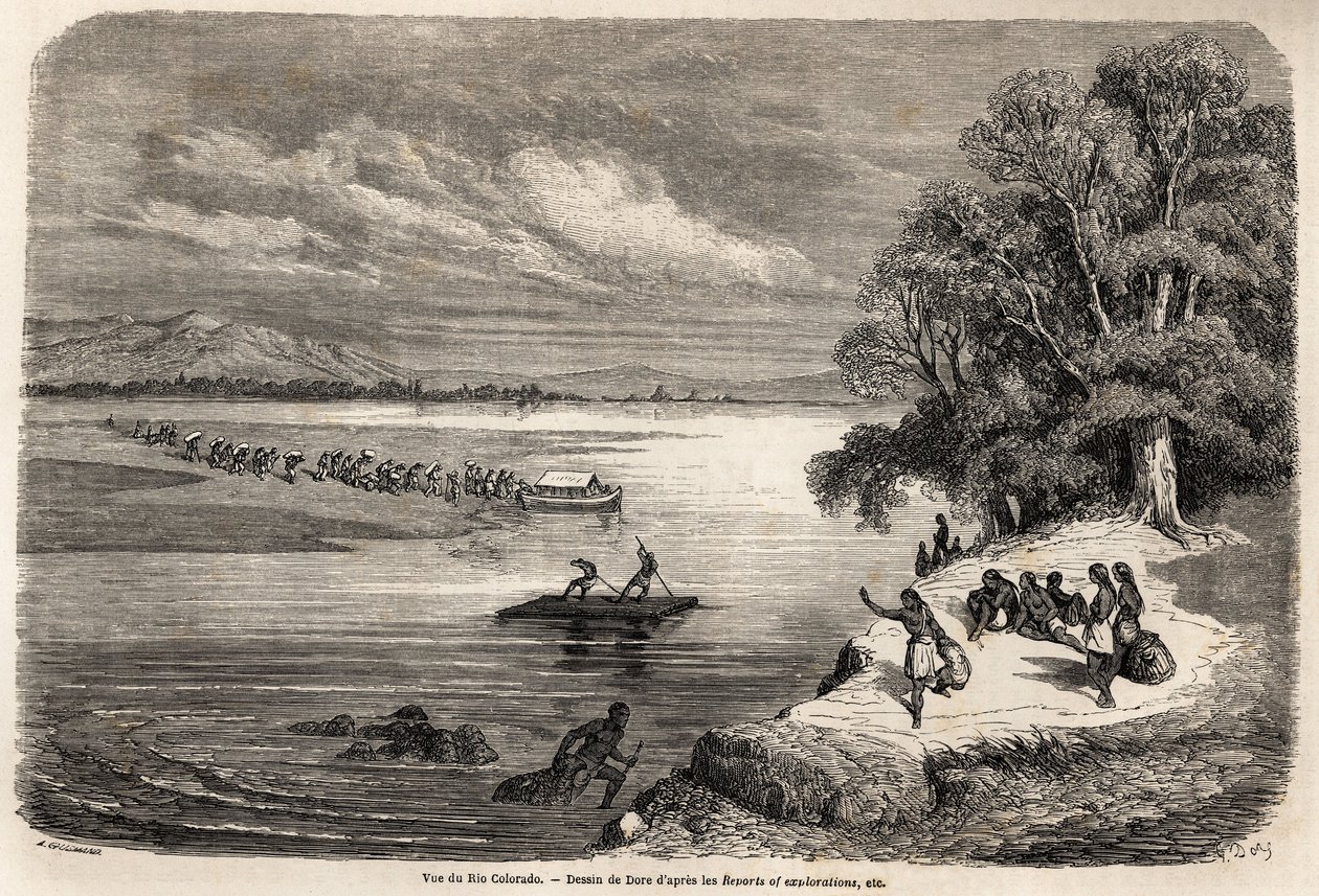 Przeprawa przez rzekę Kolorado tratwą w towarzystwie kilku Indian Mohaves, rysowanych przez Gustave Dore (1832-1883), dla zilustrowania rejsu Missisipi na Ocean Spokojny w latach 1853-54 przez Baudouina Mollhausena (1825-1905). Grawerowanie w „” Le tour du autorstwa Gustave Dore