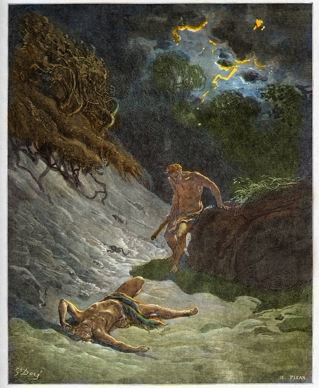 Śmierć Abla - Morderstwo Abla przez Kaina - grawerowanie w „The Bible illustree” Gustave