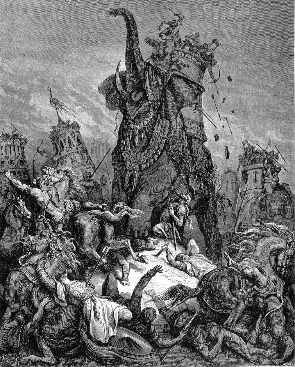 Śmierć Eleazara Macchabee (Machabe lub Macabee), młodszego brata Judasza Machabeusza, pod rządami Antiochosa IV Epifane (175-164 pne). Zmiażdżony przez słonia. „Biblia” zilustrowana przez Gustave