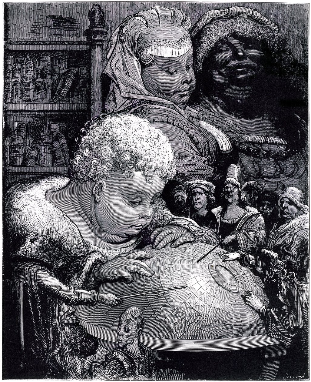 Edukacja Gargantui: olbrzym, dziecko, studiuje kulę ziemską ze swoimi nauczycielami pod okiem rodziców autorstwa Gustave Dore