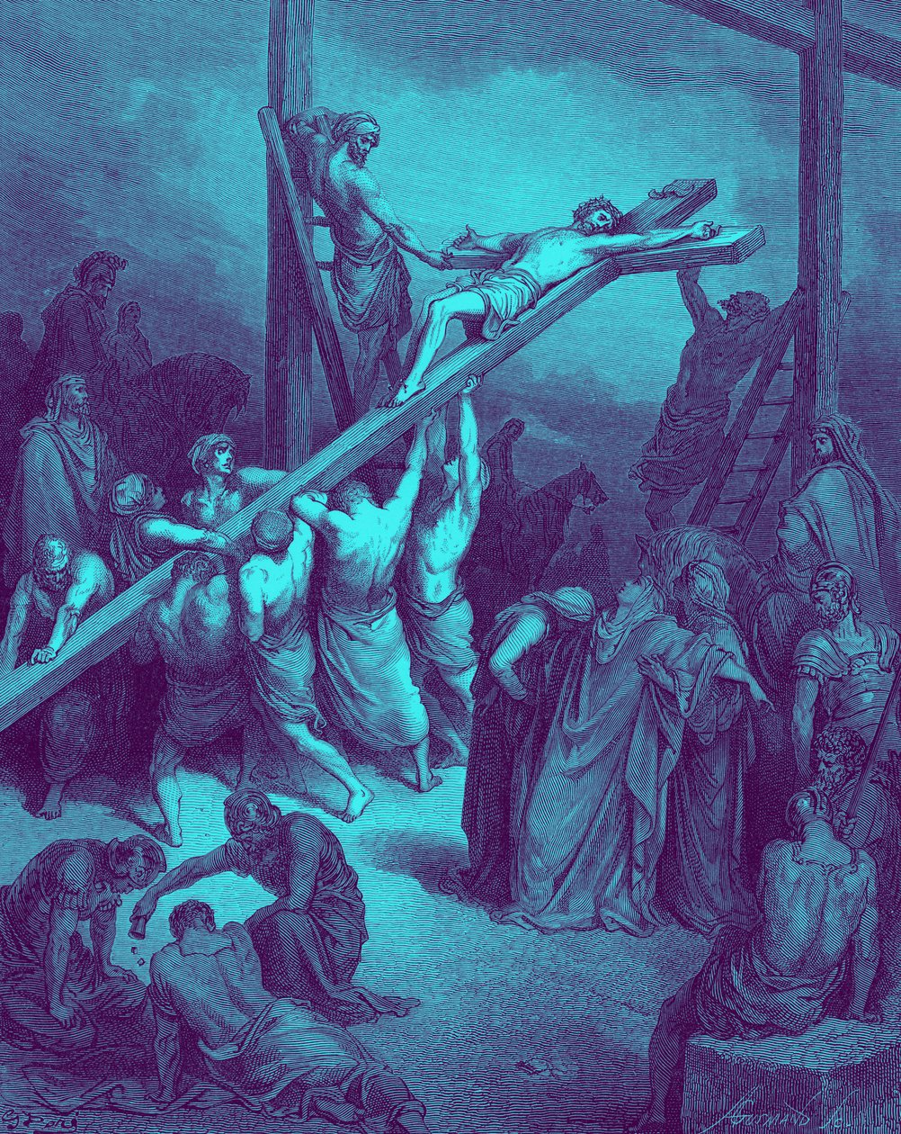 Wzniesienie krzyża - Biblia autorstwa Gustave Dore