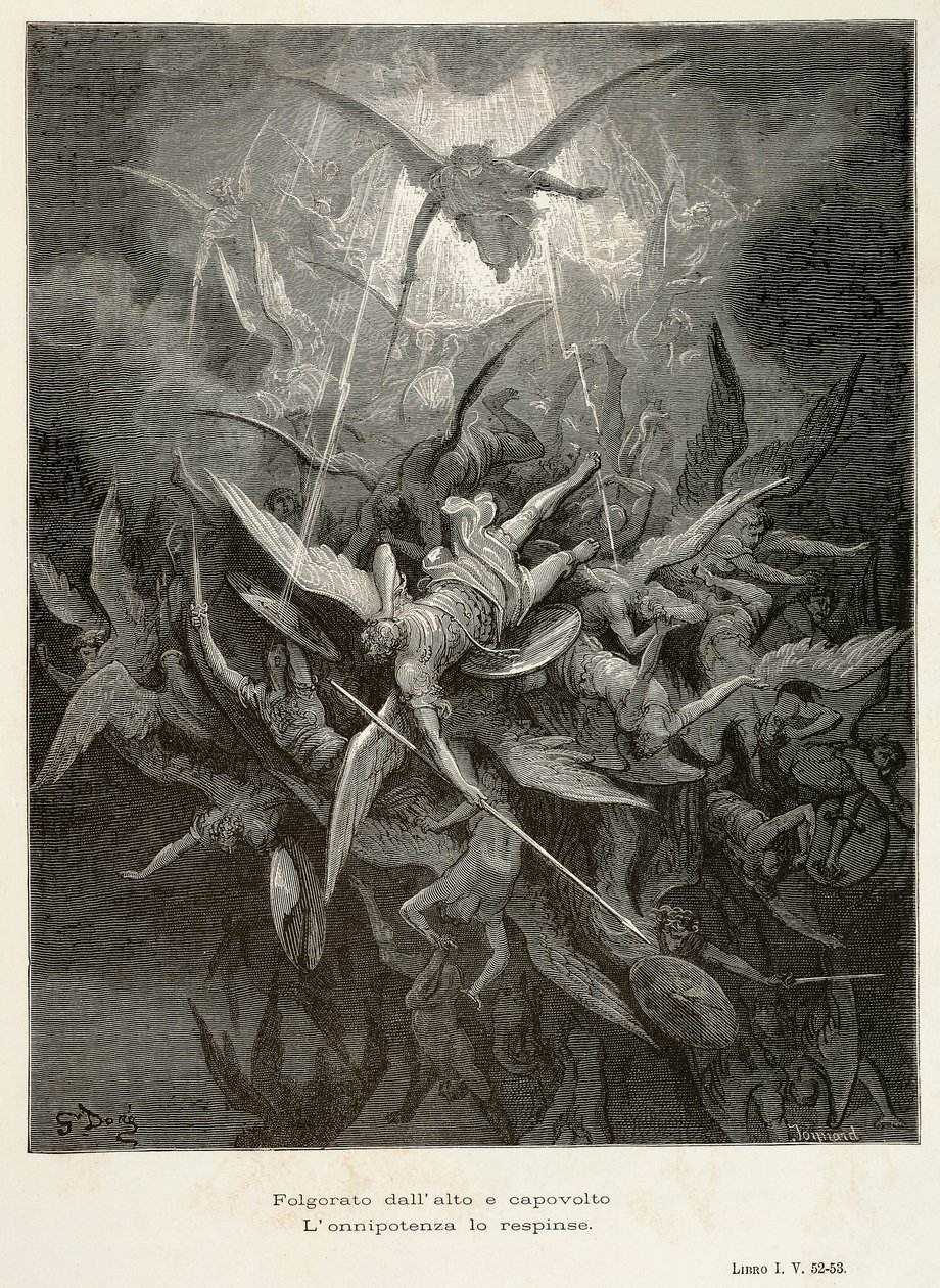 Upadek aniołów, scena z Raju utraconego Johna Miltona (1608-1674), ilustracja Gustave Dore (1832-1883) autorstwa Gustave Dore