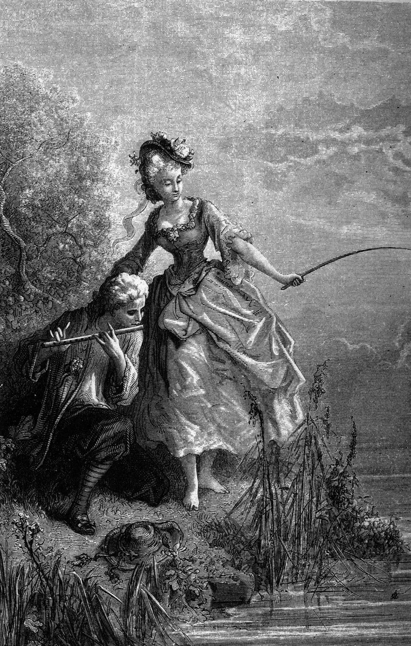 Ryba i pasterz grający na flecie. Dźwięk fletu służy jako przynęta. Bajki Jeana de La Fontaine (1621-1695). Ilustracja autorstwa Gustave