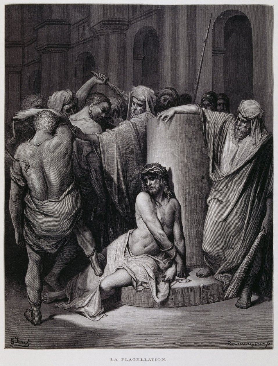 Biczowanie Chrystusa; ilustracja z Biblii Dore