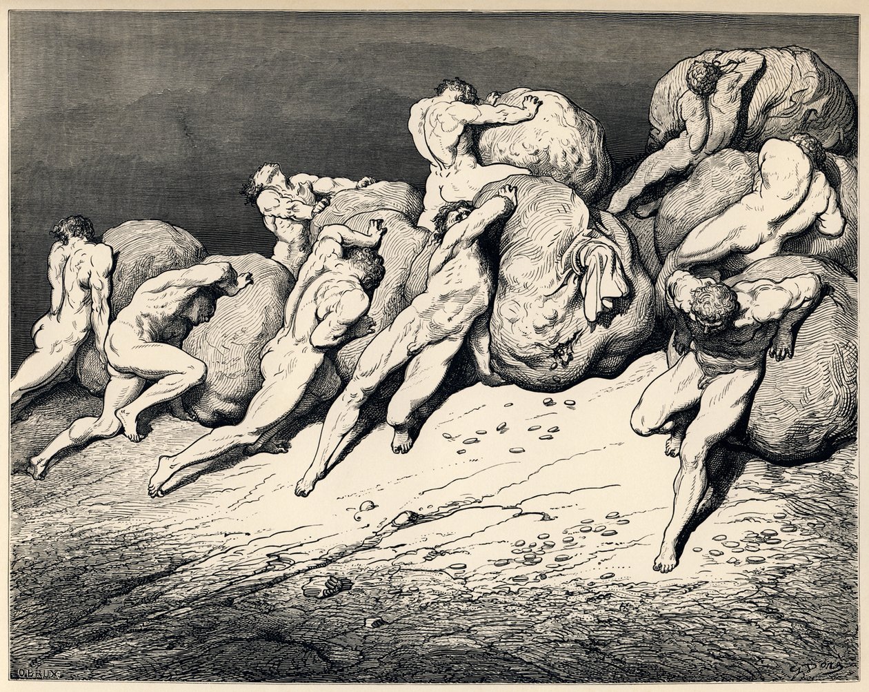 Zbieracze i marnotrawcy. Ilustracja do Boskiej Komedii Dantego Alighieri, 1857 autorstwa Gustave Dore