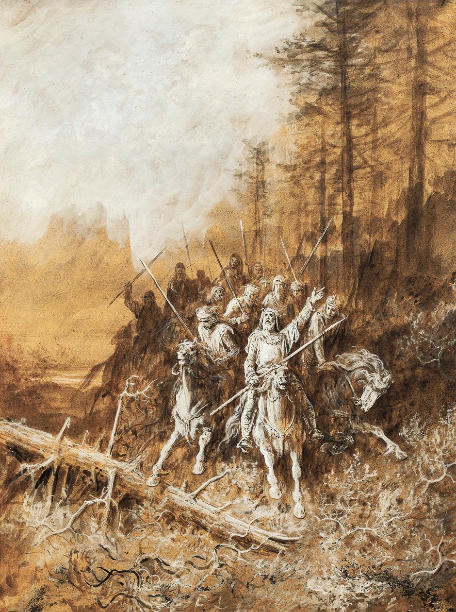 Pochód rycerzy, ilustracja do cyklu wierszy Idylle królewskie Alberta Tennysona (1809-1892), akwarela Gustave