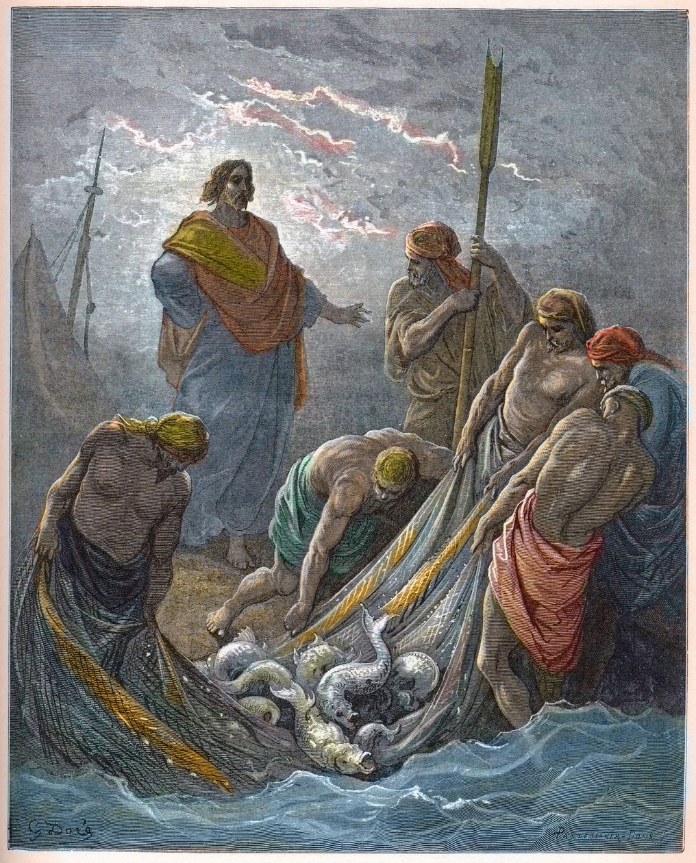 Cudowny połów ryb - Cudowne wędkowanie - - Grawerowanie w „The Bible illustree” Gustave