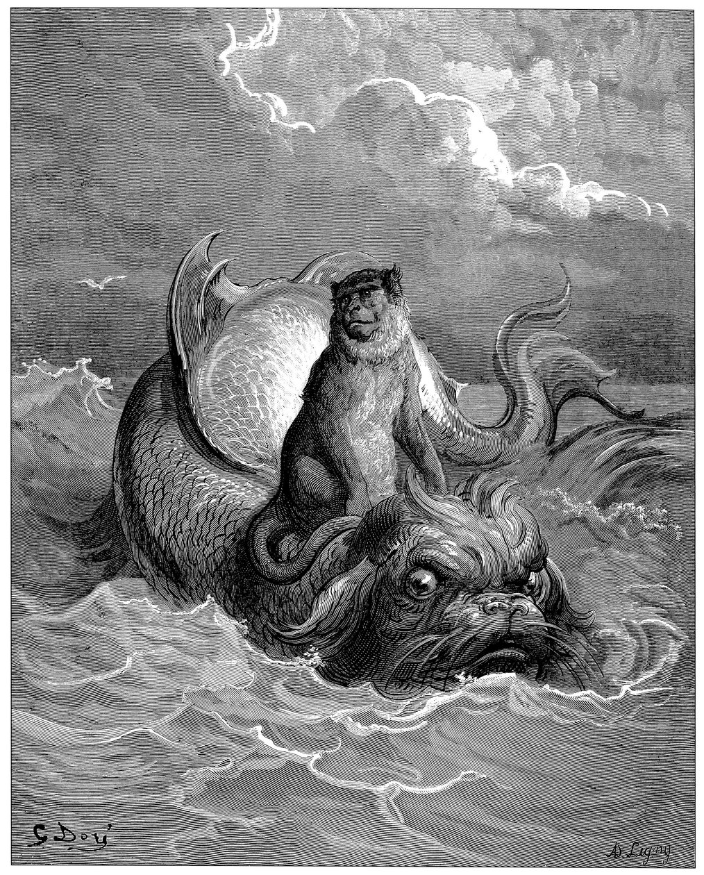 Małpa i delfin: bajka, Bajki autorstwa Jean de La Fontaine (1621-1695). Ilustracja autorstwa Gustave