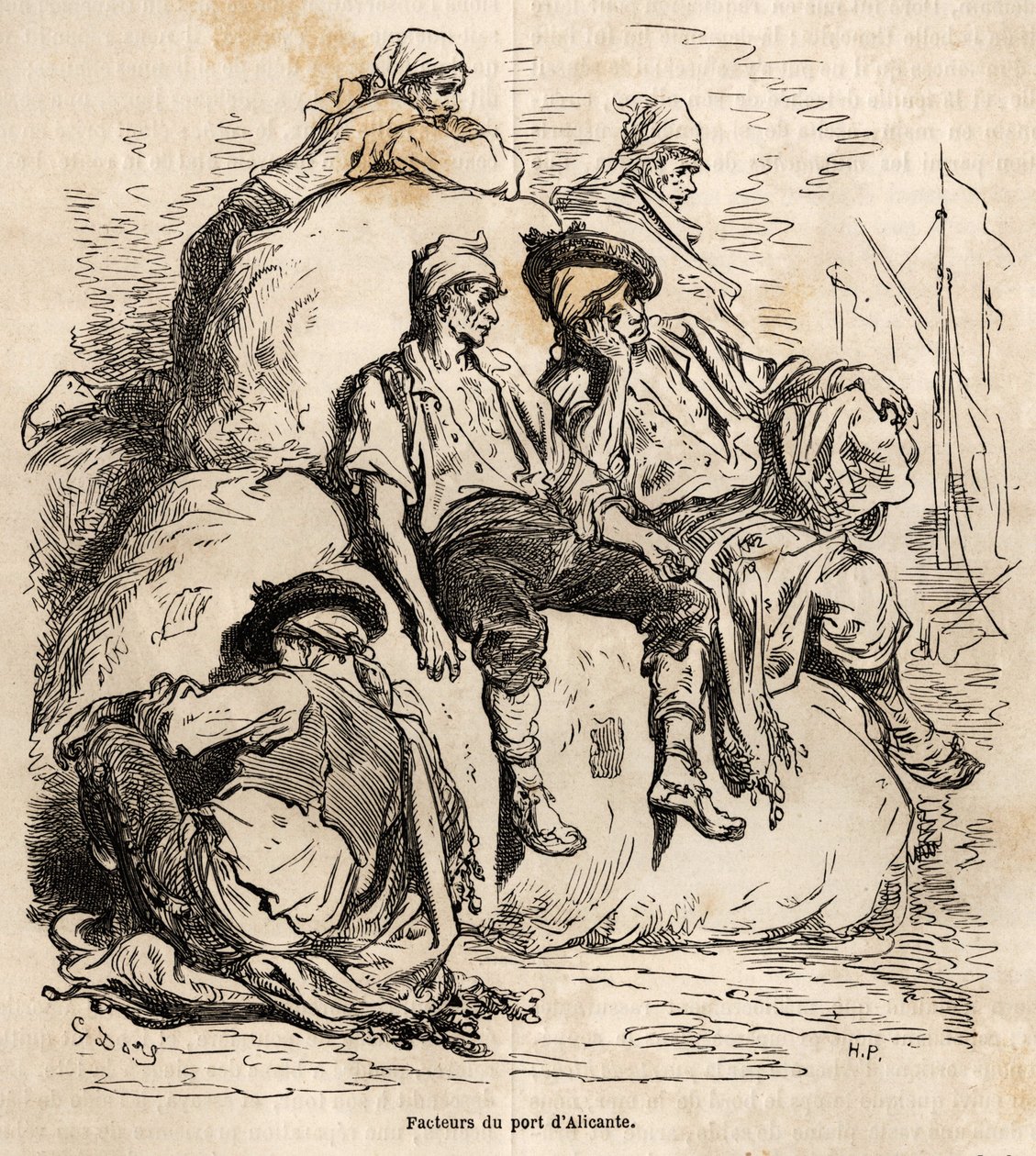 Drzemka przewoźników portu w Alicante, szkic wykonany na ożywionym Gustave Dore (1832-1883), ilustrujący jego podróż do Hiszpanii w 1862 r. z Ch. Davilliera. Grawerowanie w „”Le tour du monde””, pod redakcją Edouarda Chartona autorstwa Gustave Dore