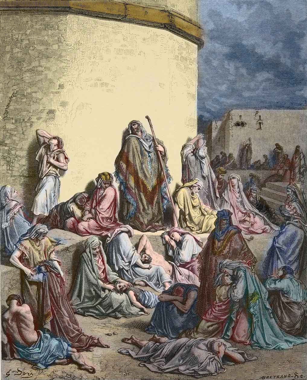 Lud Izraela opłakuje Jerozolimę - Stary Testament - Lamentacje Jeremiasza - Lud płacze w ruinach Jerozolimy - - Grawerowanie Gustave Dore - późniejsza kolorystyka autorstwa Gustave Dore