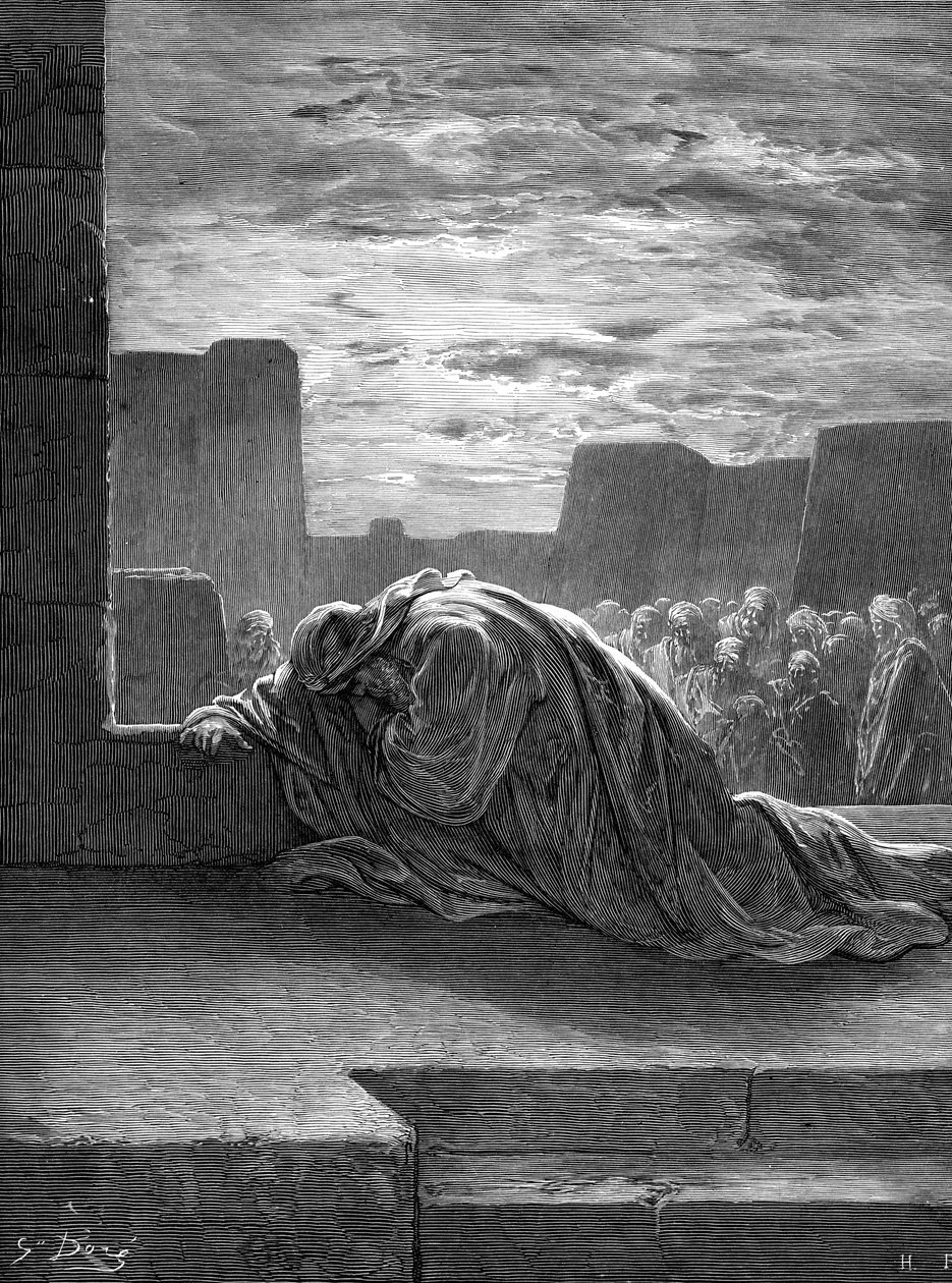 Prorok Ezra modlący się, Gustave Doré. - Biblia autorstwa Gustave Dore