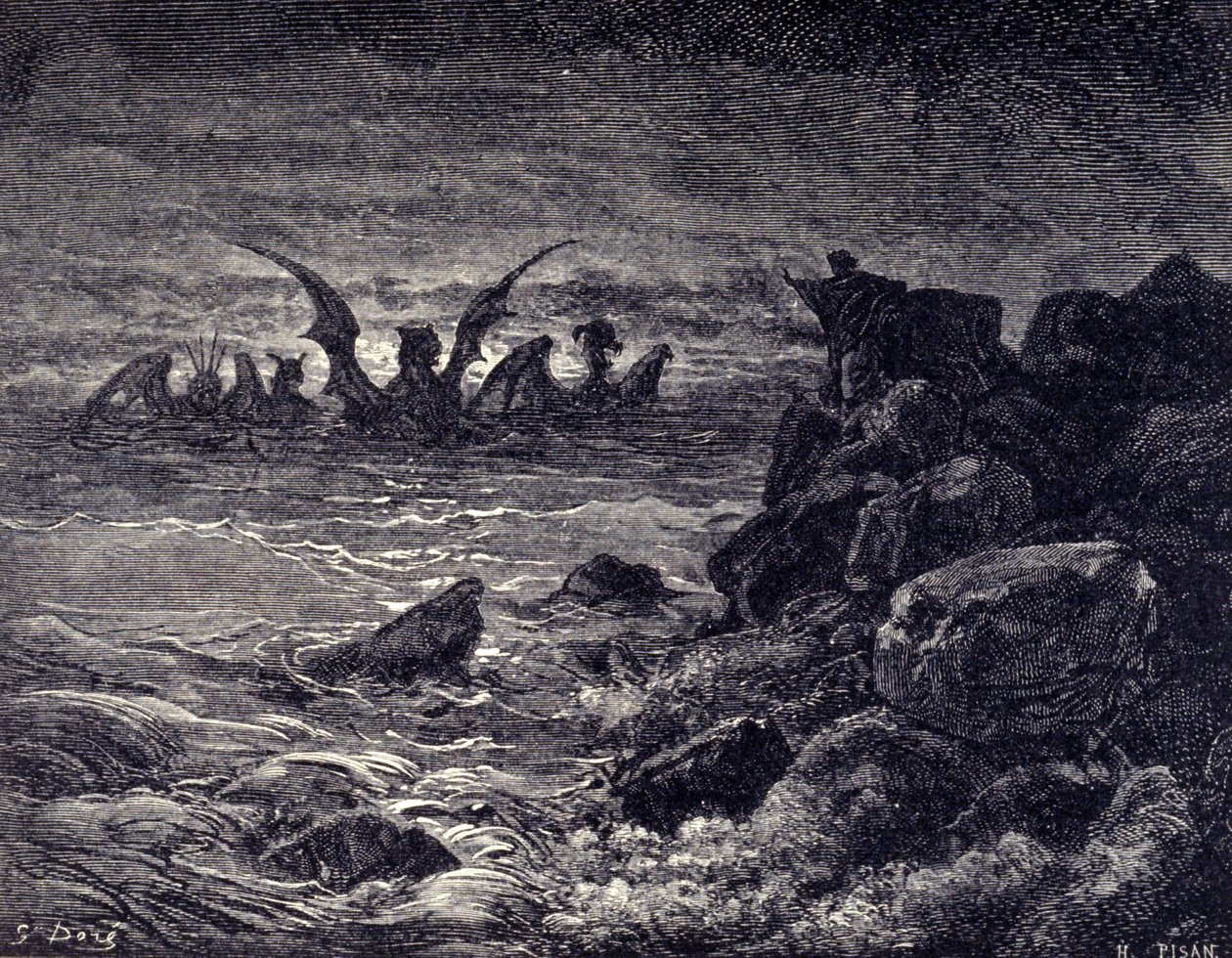 Prorok Daniel widzi pojawiające się potwory: Haniel, Kafziel, Azriel, Aniel. Grawerowanie z Biblii zilustrowane przez Gustave Dore. 19 wiek autorstwa Gustave Dore