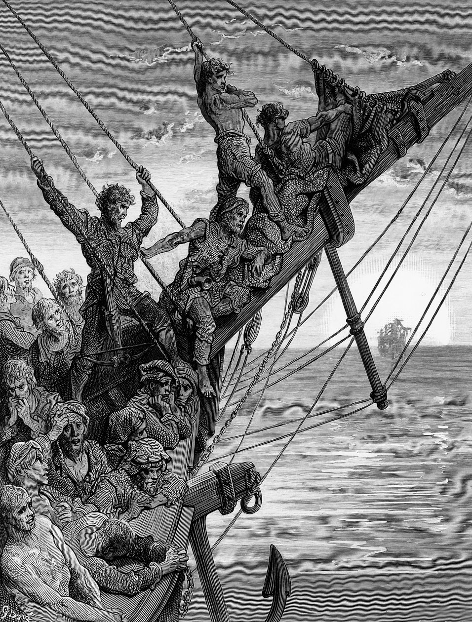 Marynarze widzą w oddali upiorny statek, scena z „Szronu starożytnego marynarza” S.T. Coleridge, wyd. Harper und Brothers, Nowy Jork, 1876 (drewno) autorstwa Gustave Dore