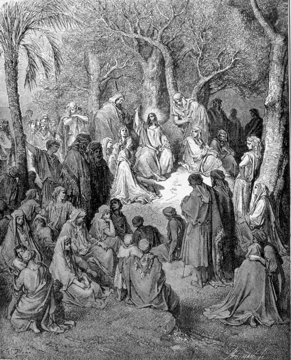 Kazanie na górze: Jezus Chrystus przemawia do wszystkich swoich uczniów. Ilustracja Biblii (Nowy Testament) autorstwa Gustave