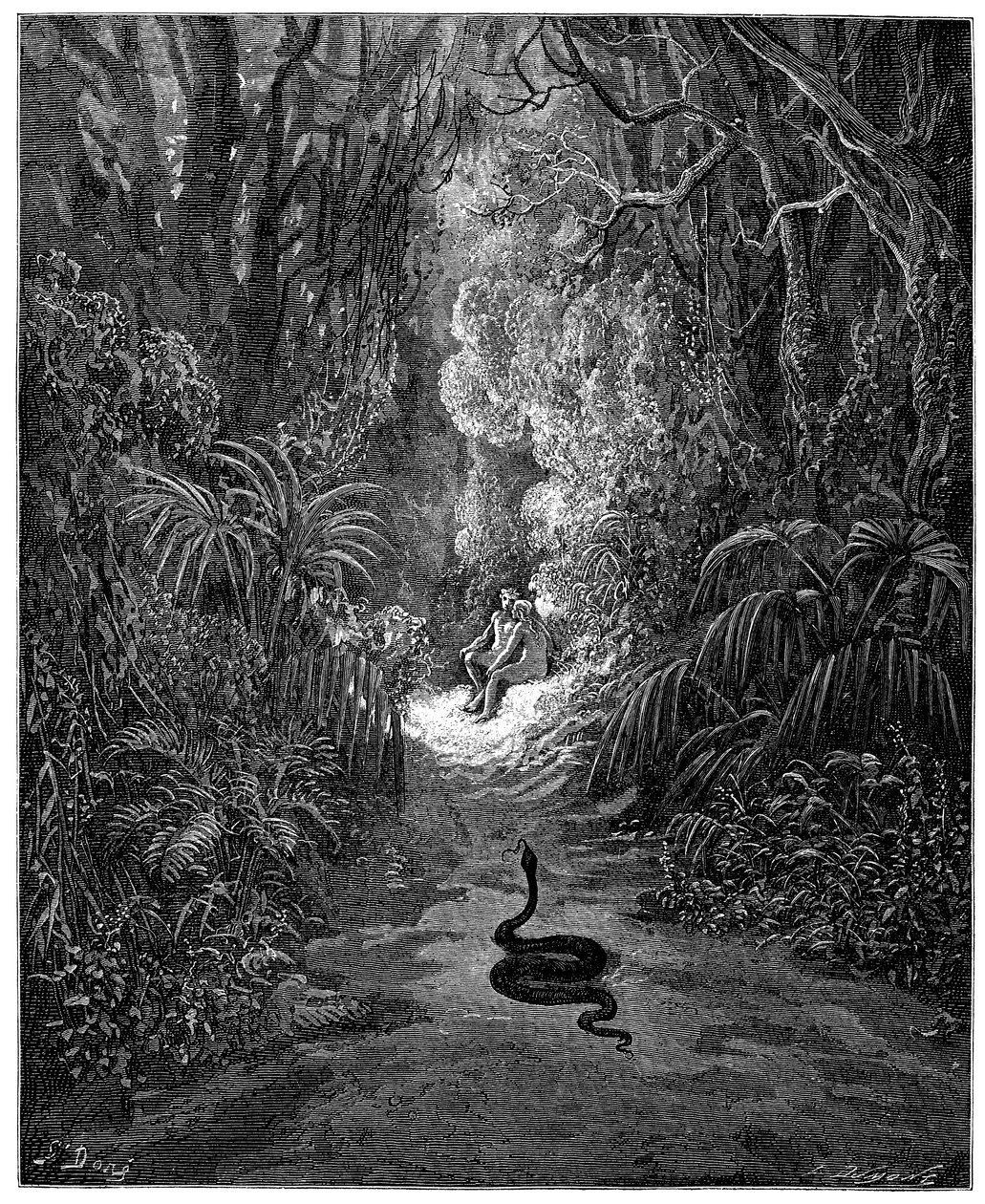 Wąż zmierza do Adama i Ewy. Ilustracja Gustave