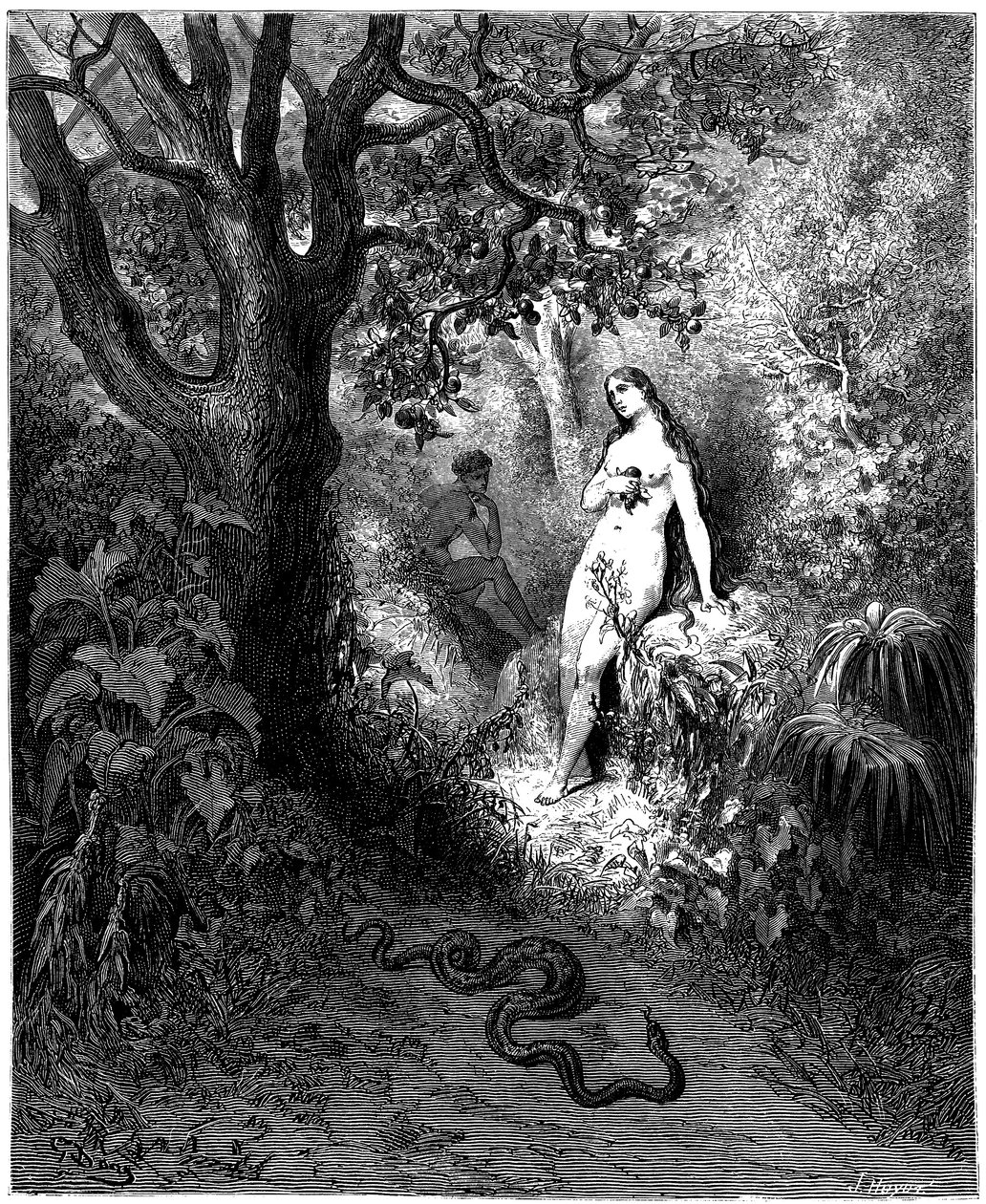 Wąż zmierza do Adama i Ewy. Ilustracja Gustave