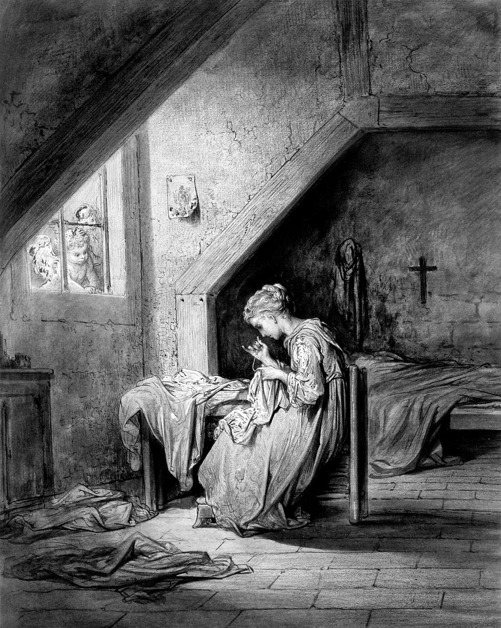 Pieśń koszuli autorstwa Thomasa Hooda wyd. Moxon - Uboga couturiere szyjąca koszulę w sypialni, krucyfiks wisi nad łóżkiem. ilustracja (rysunek) Gustave