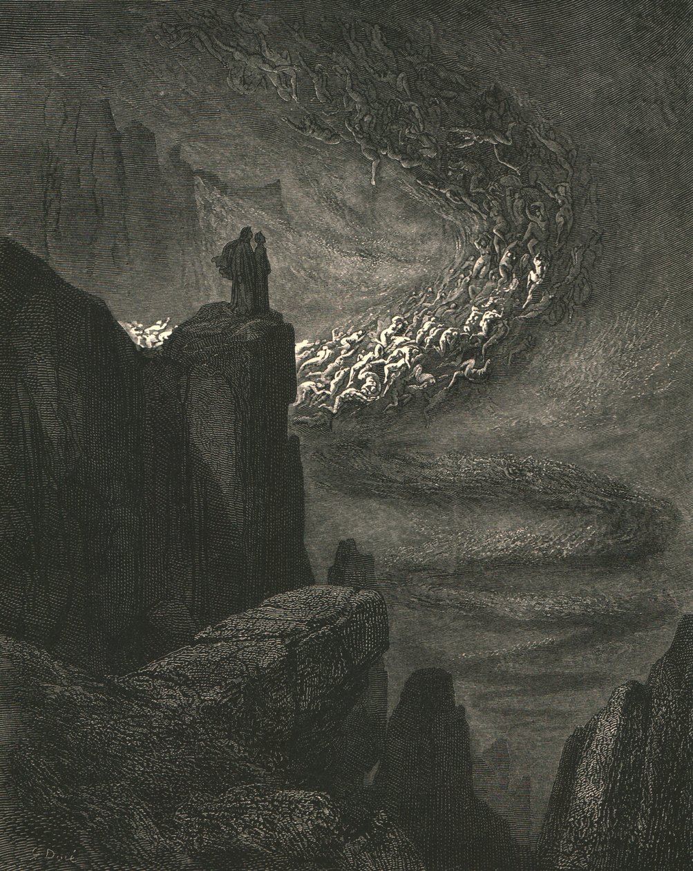 Burzliwy podmuch piekła z niespokojną furią napędza duchy, ok. 1890 r. autorstwa Gustave Dore