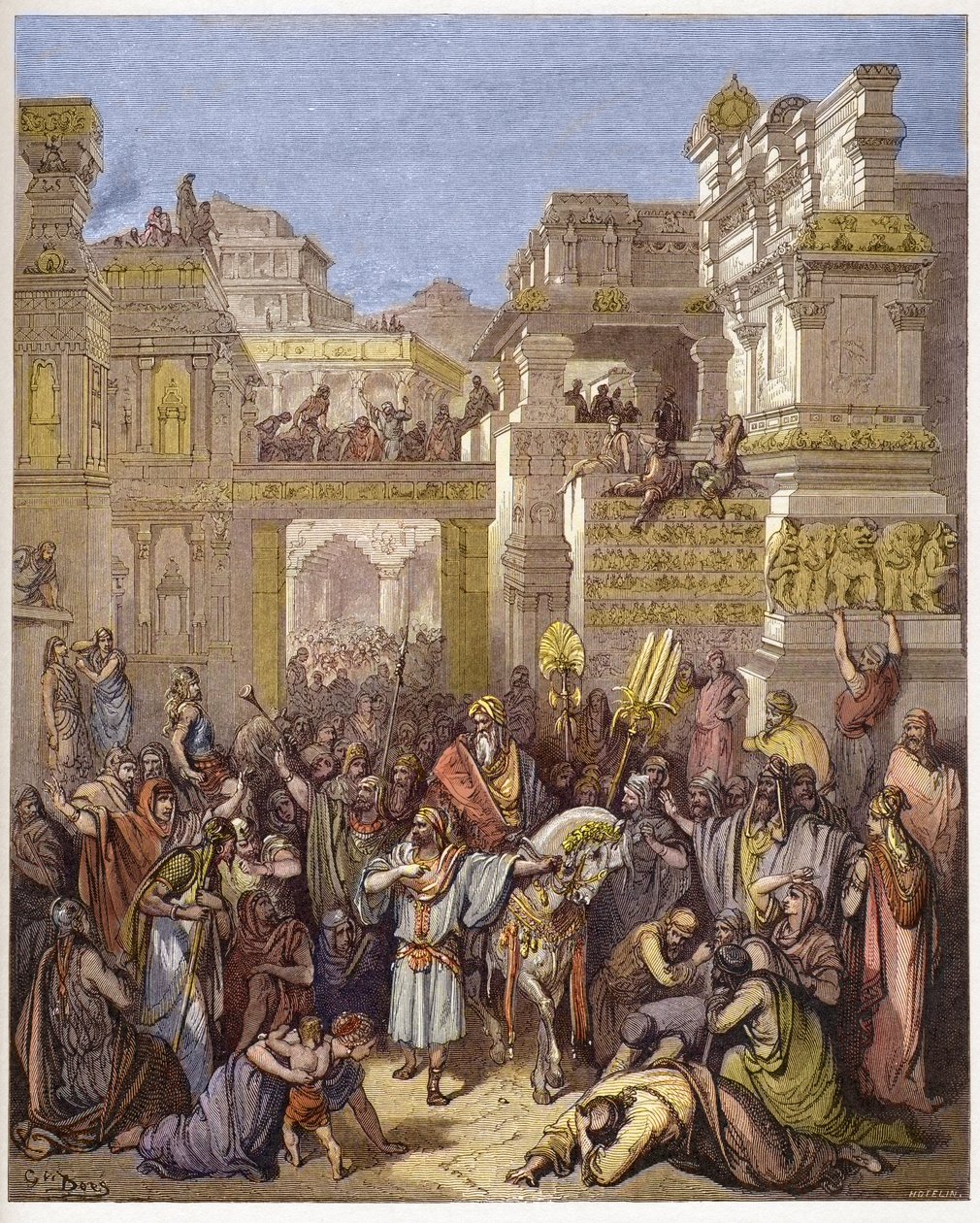Triumf Mardochee (lub Mordechai lub Mordechaj) - Triumf Mardocheusza - - grawerowanie w „” The Bible illustree”” Gustave