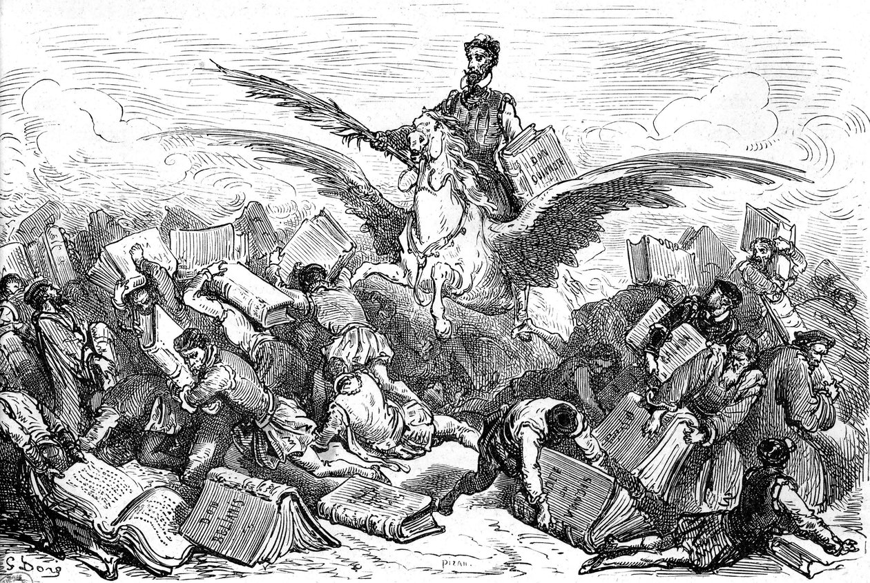 Pisarz Cervantes jedzie na skrzydlatym koniu (Pegazie) ze swoją książką "Don Kichot" i piórem w dłoni, lecąc nad innymi pisarzami niosącymi (ciężkie!) swoje książki. Rycina Gustave
