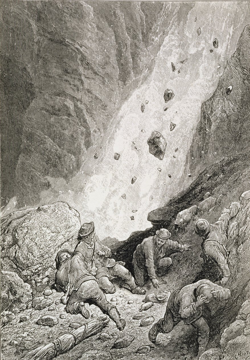 „Oni widzieli masy skał, głazów i kamieni, strzałka za rogiem”, z „Wstąpienia na Matterhorn” Edwarda Whympera (1840-1911), opublikowanej w latach 60.-80. autorstwa Gustave Dore