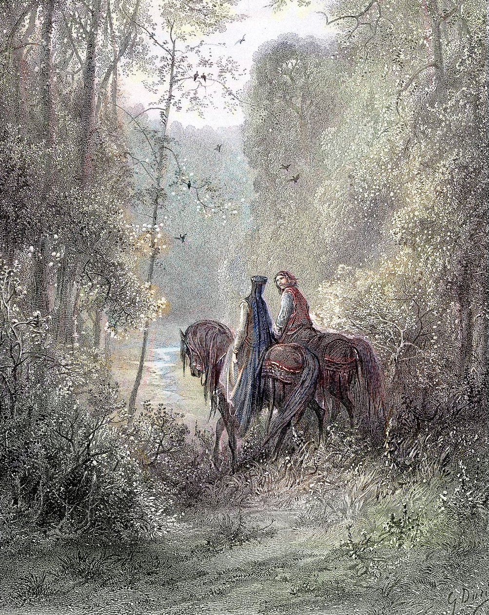 Zgubili się pod gajami, które wydawały się rajem kwiatów (Guenièvre i Lancelot) - w „Guenièvre” Alfreda Tennysona, chor. Gustave Doré Paris, Librairie Hachette et Cie autorstwa Gustave Dore