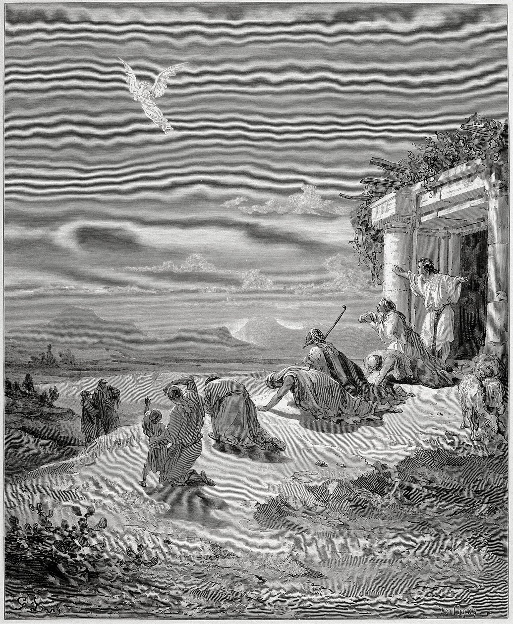 Rodzina Tobiasza widzi znikającego Anioła Rafaela autorstwa Gustave Dore