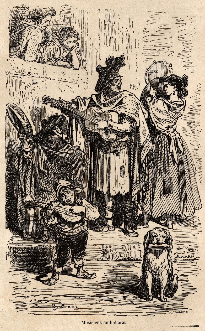 Podróżujący muzycy po Walencji, rysunek Gustave Dore (1832-1883), ilustrujący jego podróż do Hiszpanii z C.Davillierem w 1862 r. Grawer w „”Le tour du monde””, pod redakcją Edouarda Chartona autorstwa Gustave Dore