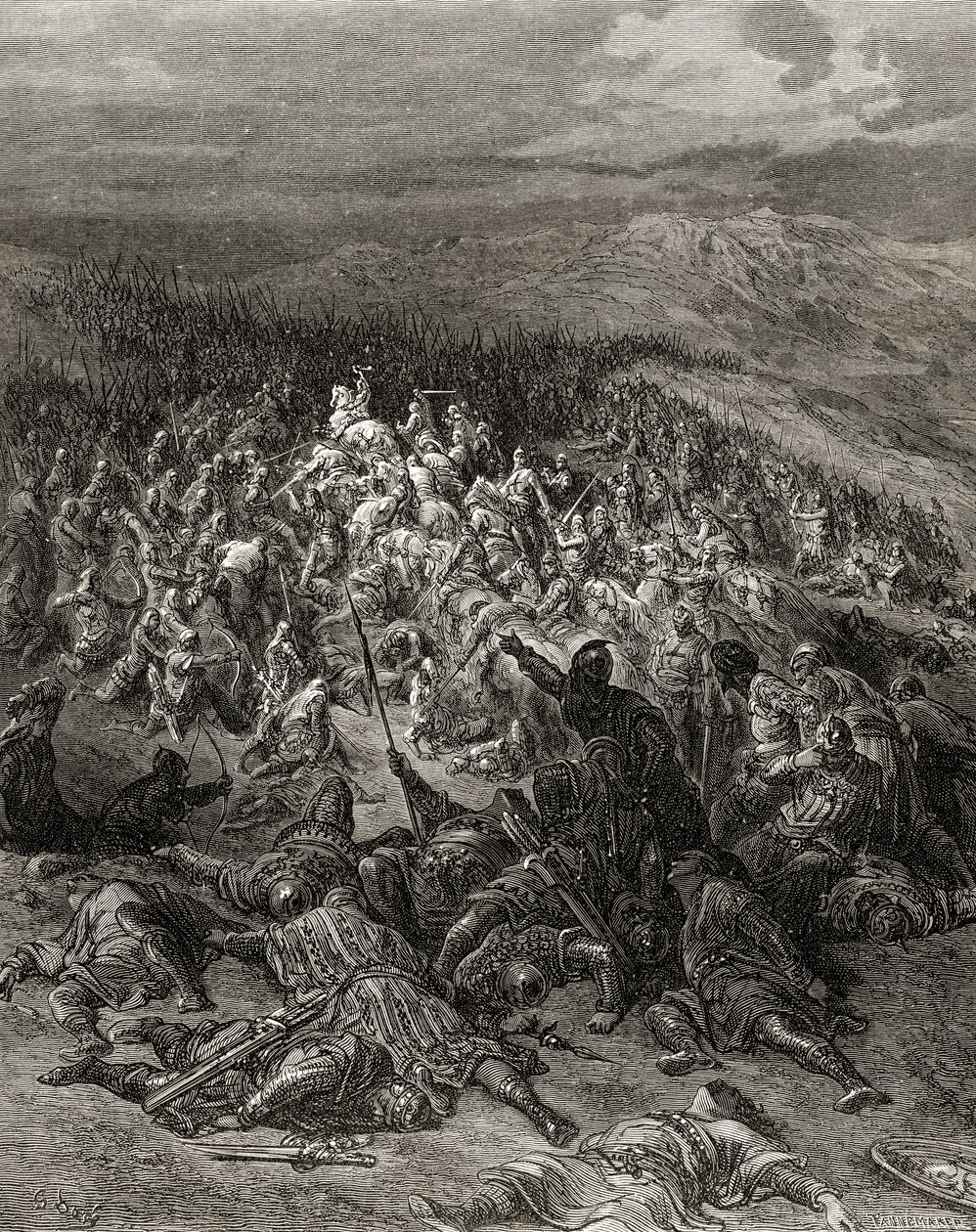 Dwieście rycerzy atakuje dwadzieścia tysięcy Saracenów, ilustracja z „Bibliotheque des Croisades” J-F. Michaud, 1877 r. autorstwa Gustave Dore