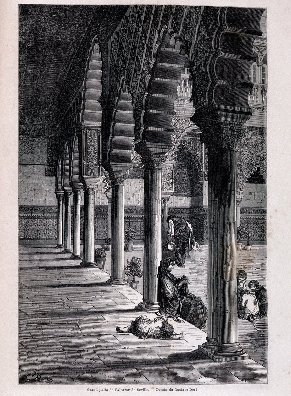 Widok na duże patio Alcazaru w Sewilli - autorstwa Doré, w „Tour du Monde”, II sem. 1866. autorstwa Gustave Dore