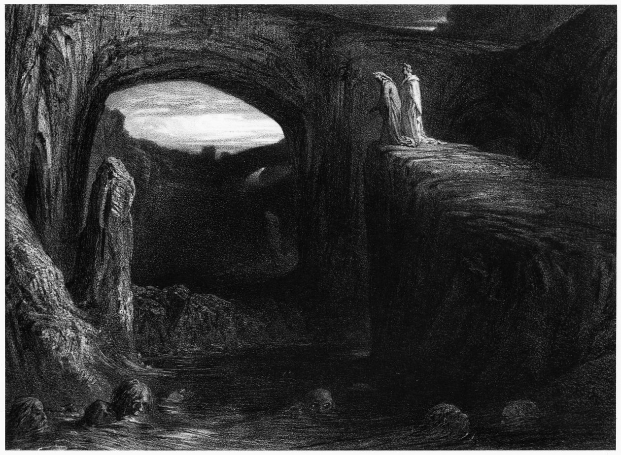 Wergiliusz (70-19 pne) i Dante wkraczający do piekła, ilustracja z „Boskiej komedii” (Piekło) Dantego Alighieri (1265-1321) Paryż, opublikowana 1885 autorstwa Gustave Dore