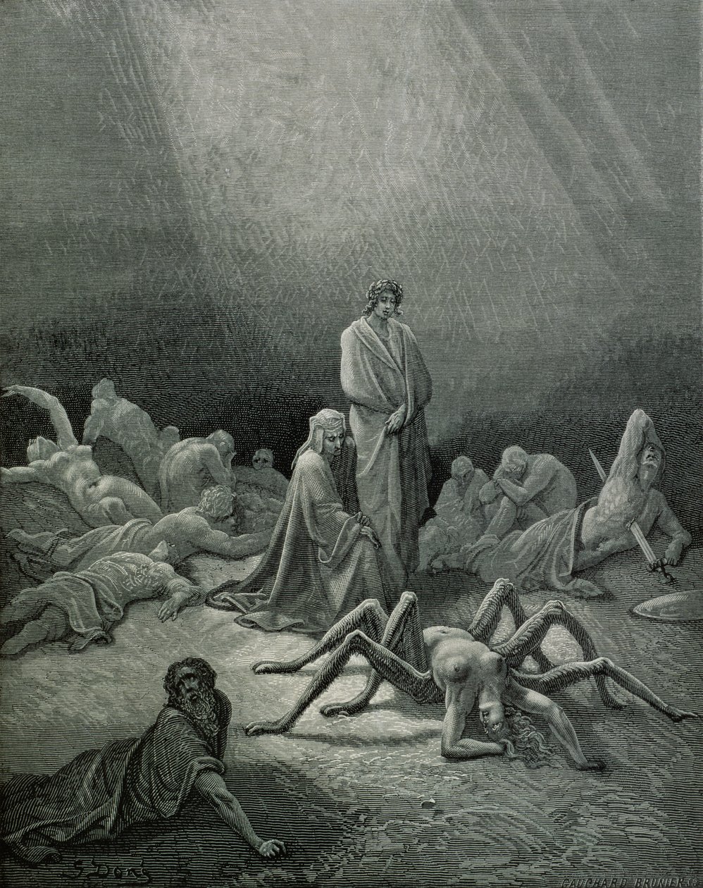 Wergiliusz (70-19 p.n.e.) i Dante patrzący na kobietę-pająka, ilustracja z "Boskiej komedii" (Inferno) Dantego Alighieri (1265-1321), Paryż, wyd. 1885 r. autorstwa Gustave Dore